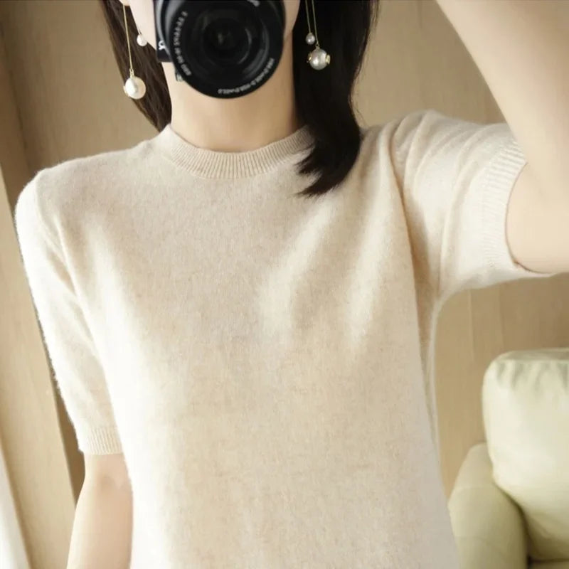 Pull Femme Slim à Manches Courtes – Tricot Col Rond Léger Printemps Été 2025 |.
