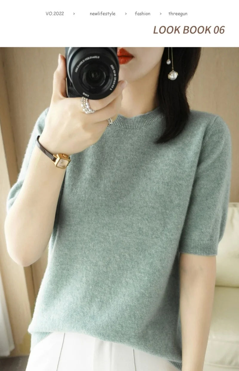 Pull Femme Slim à Manches Courtes – Tricot Col Rond Léger Printemps Été 2025 |