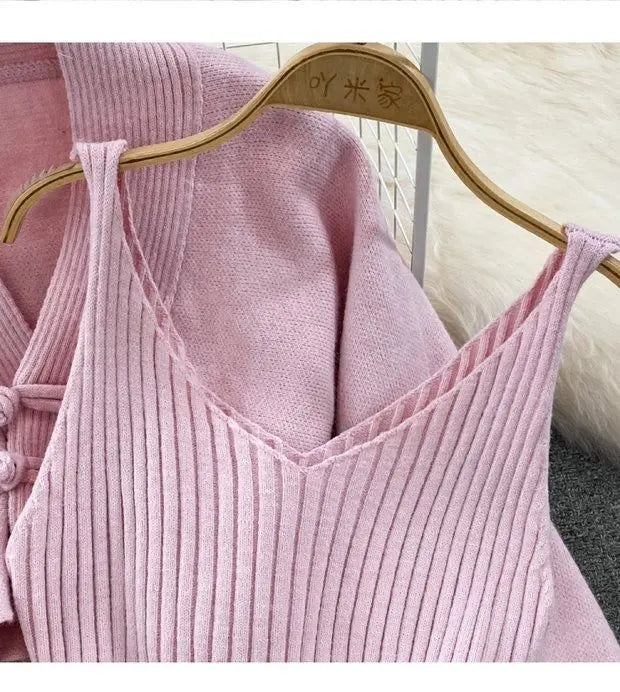Ensemble Femme 2 Pièces – Cardigan Tricoté à Lacets & Robe Camisole, Style Chinois Moderne Élégant |