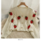 Cardigan Tricoté Fraises – Pull Chunky Knit Boutonné Doux et Mignon.