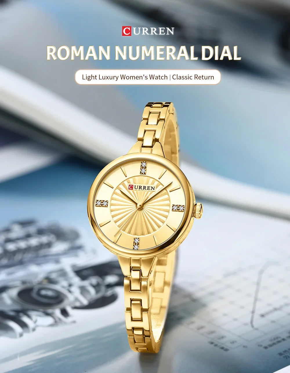 Montre pour femme de la marque CURREN, mouvement à quartz précis, avec bracelet magnétique réglable. Design élégant et sportif, idéale pour un usage quotidien ou pour compléter vos tenues habillées.