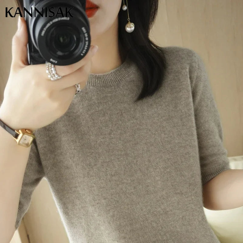 Pull Femme Slim à Manches Courtes – Tricot Col Rond Léger Printemps Été 2025 |.