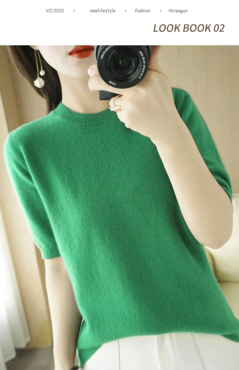 Pull Femme Slim à Manches Courtes – Tricot Col Rond Léger Printemps Été 2025 |.