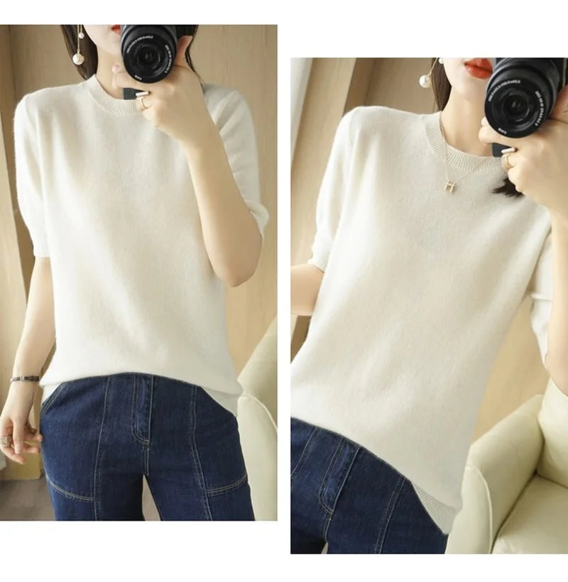 Pull Femme Slim à Manches Courtes – Tricot Col Rond Léger Printemps Été 2025 |