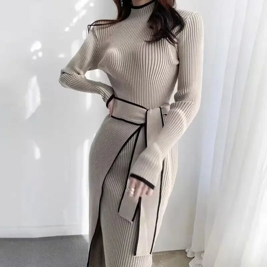 Robe Pull Midi Femme – Tricot Color Block Ceinturée, Col Semi-Montant Style Vintage Coréen Automne Hiver.