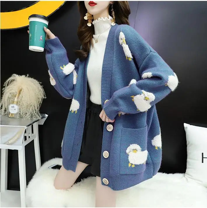 Cardigan Femme Loose – Tricot Cartoon avec Poches Mouton, Style Colorblock Automne Hiver.