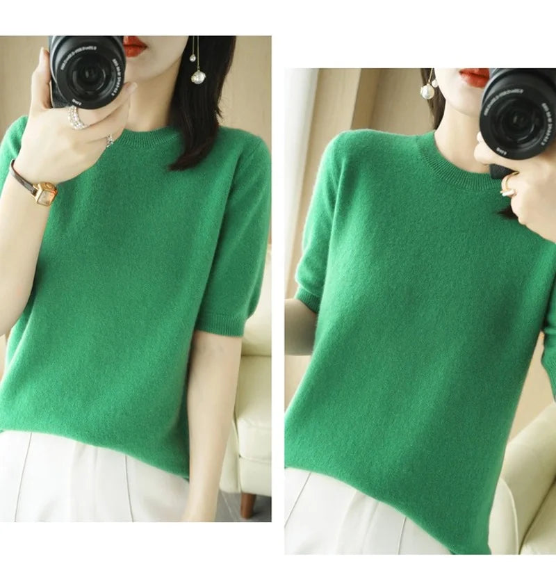Pull Femme Slim à Manches Courtes – Tricot Col Rond Léger Printemps Été 2025 |.