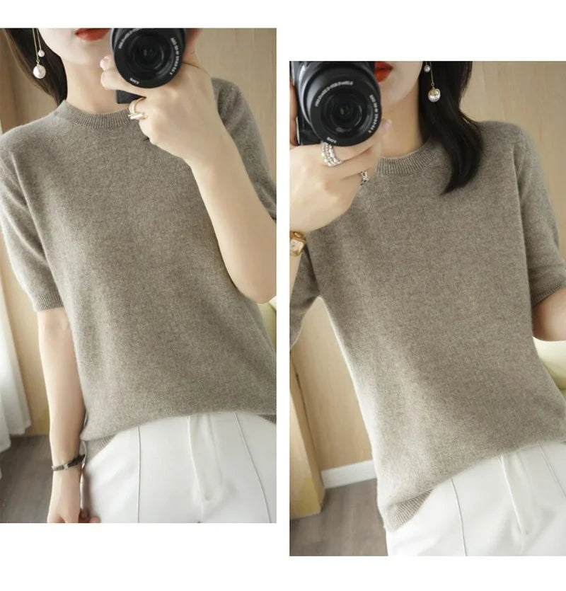 Pull Femme Slim à Manches Courtes – Tricot Col Rond Léger Printemps Été 2025 |