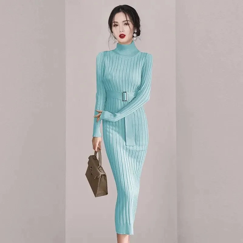 Robe Pull Longue Femme – Tricot Élastique Ajusté Style Coréen Élégant Automne Hiver