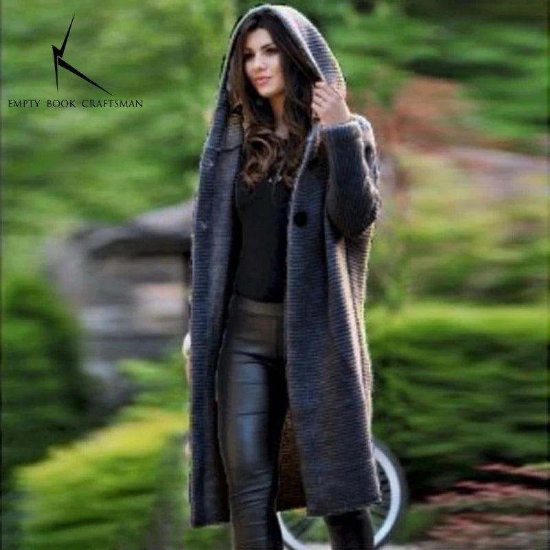 Cardigan Long à Capuche Femme – Pull Tricoté Automne Hiver.