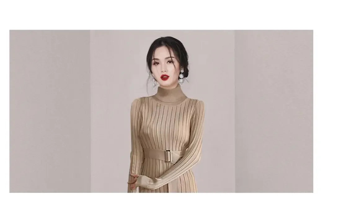 Robe Pull Longue Femme – Tricot Élastique Ajusté Style Coréen Élégant Automne Hiver.