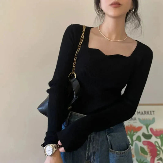 Pull Femme Col Carré – Tricot Slim Uni Style Rétro Coréen Automne Hiver | F-laglam.