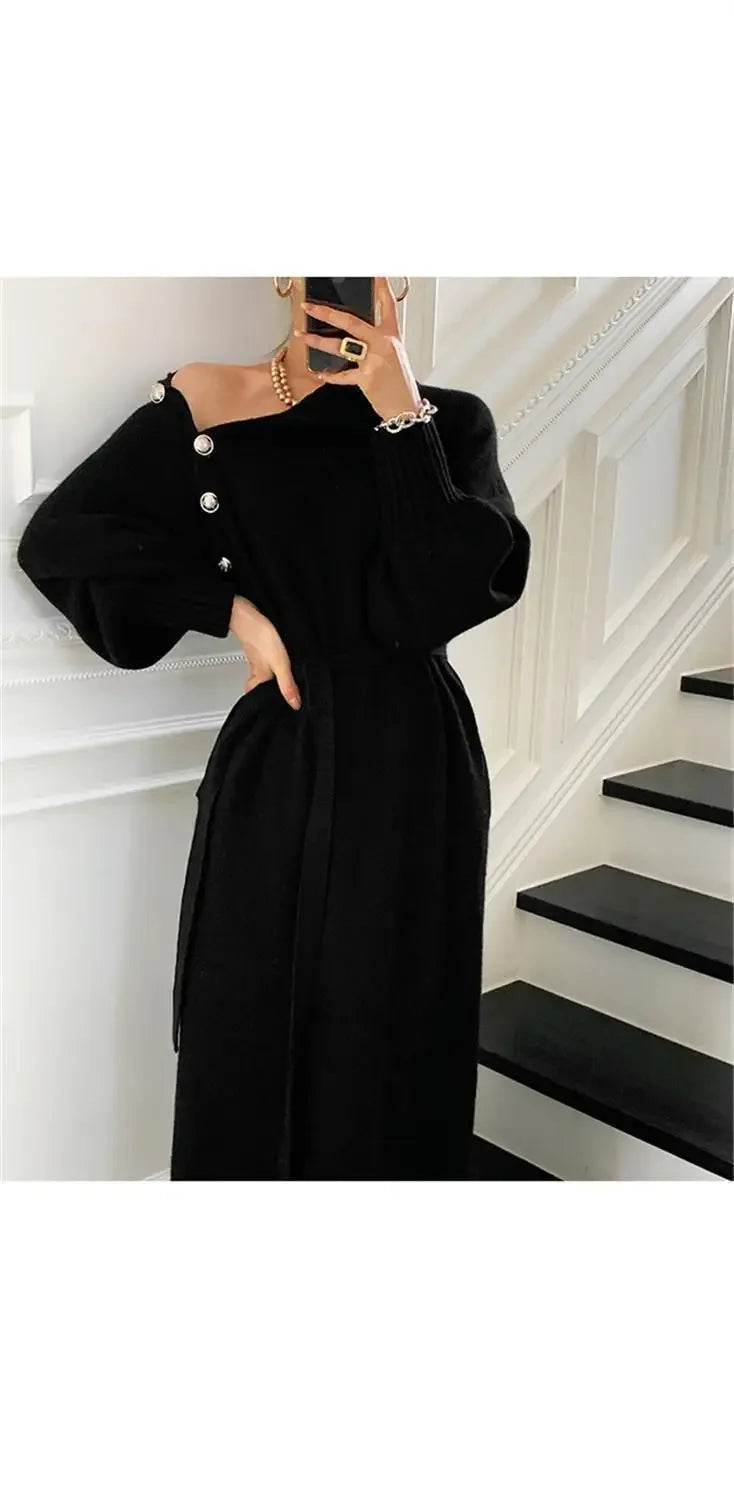 Robe Pull Longue Femme – Tricot Élégant Col Haut avec Boutons Style Vintage Automne Hiver.