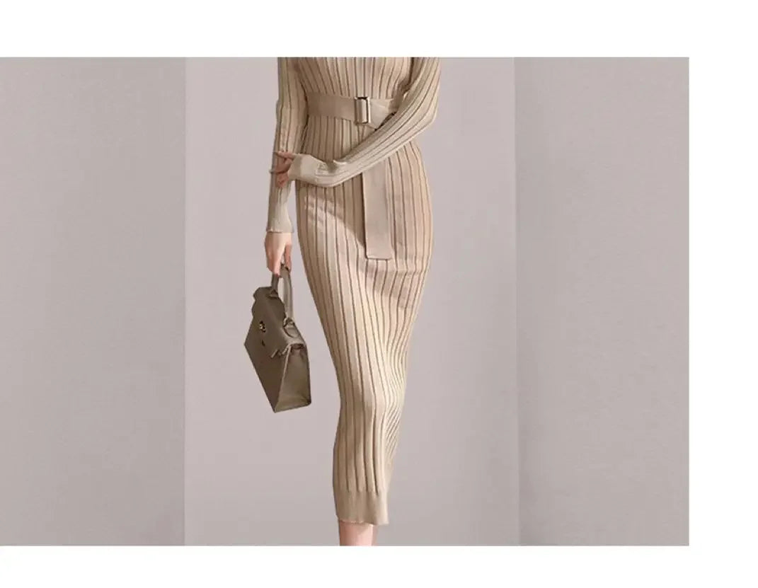Robe Pull Longue Femme – Tricot Élastique Ajusté Style Coréen Élégant Automne Hiver.