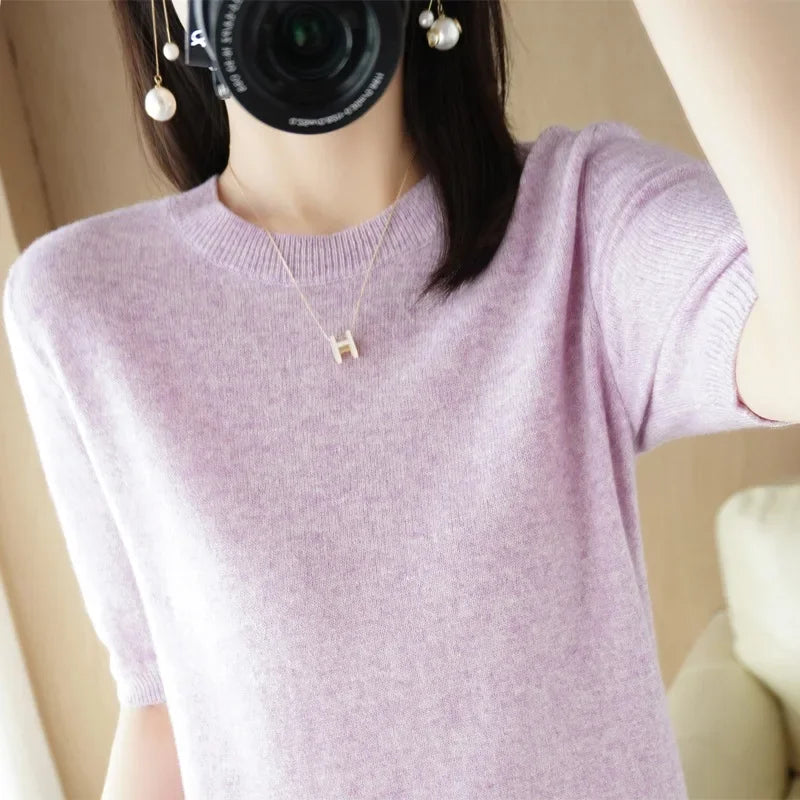 Pull Femme Slim à Manches Courtes – Tricot Col Rond Léger Printemps Été 2025 |