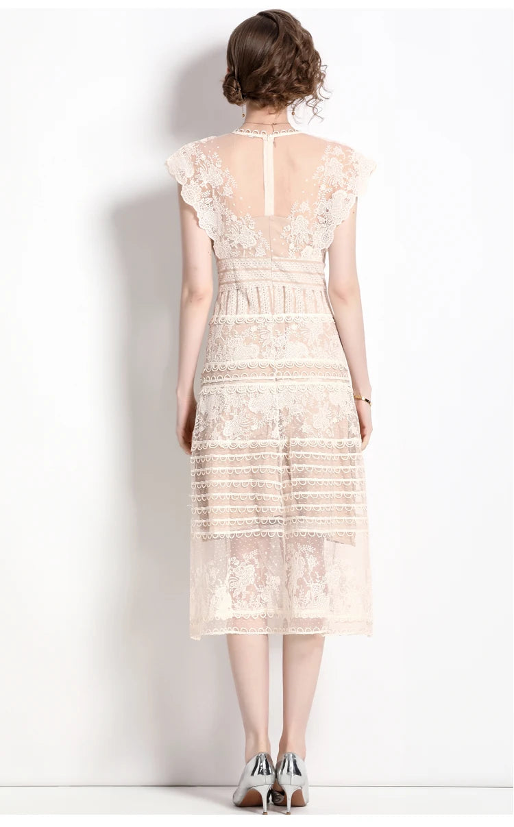 Robe midi femme à fleurs brodées – manches courtes, style vintage élégant