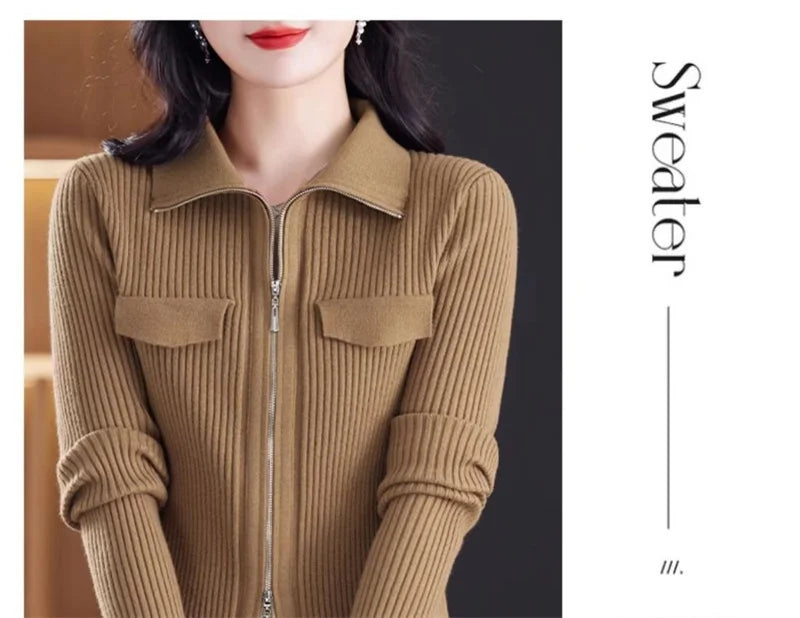 Cardigan Court Femme à Fermeture Zippée – Tricot Uni Col Revers Style Coréen Printemps Automne 2025.