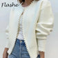 Cardigan Femme Blanc Élégant – Tricot Chic à Perles, Manches Longues Automne Hiver.