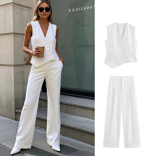 Ensemble femme sans manches col V asymétrique – pantalon large taille haute