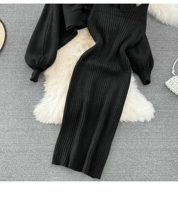 Ensemble Femme 2 Pièces – Cardigan Tricoté à Lacets & Robe Camisole, Style Chinois Moderne Élégant |
