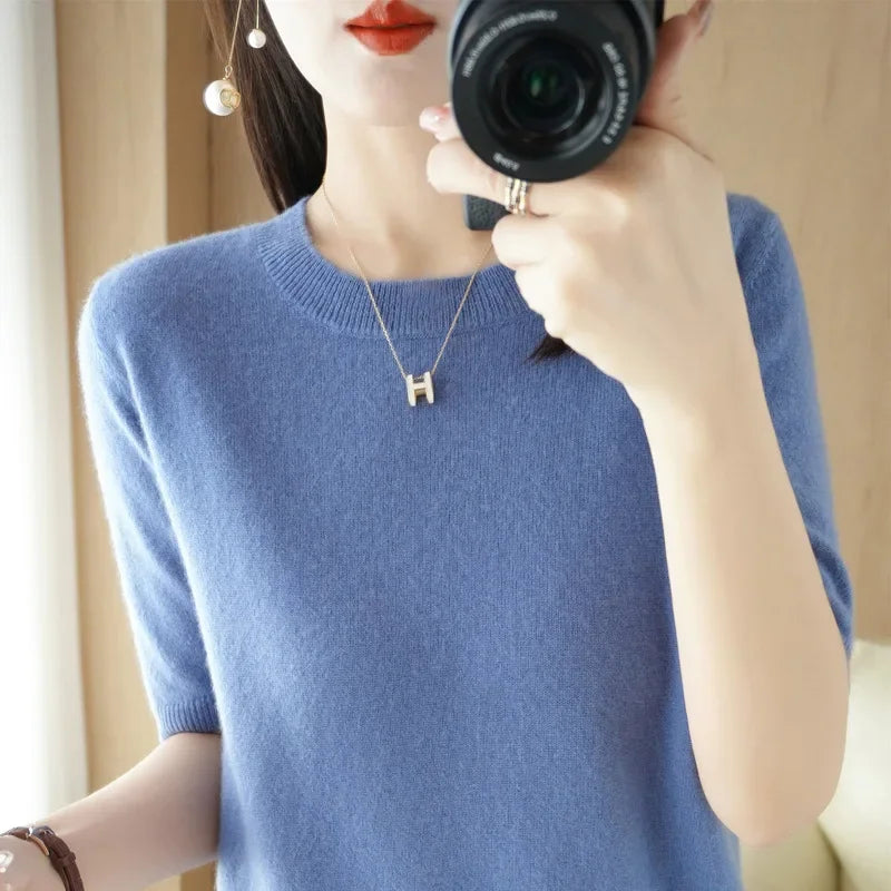 Pull Femme Slim à Manches Courtes – Tricot Col Rond Léger Printemps Été 2025 |