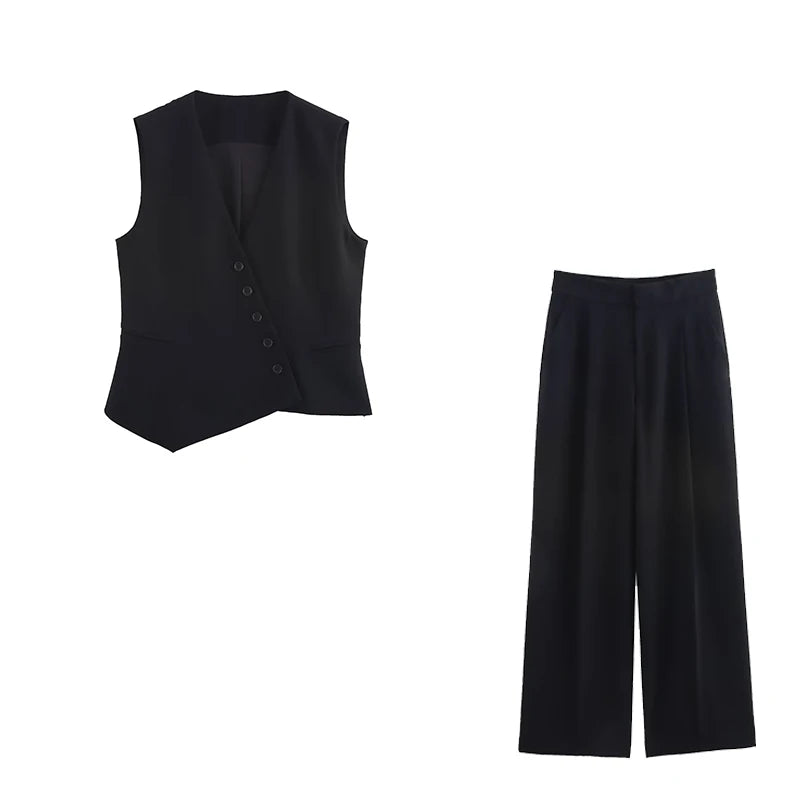Ensemble femme sans manches col V asymétrique – pantalon large taille haute