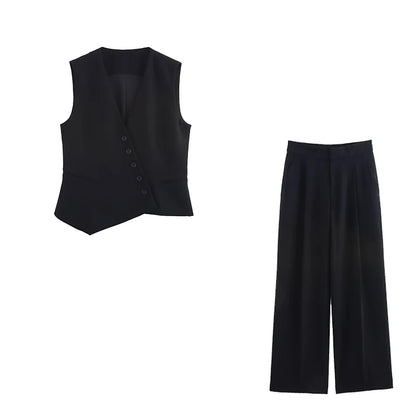 Ensemble femme sans manches col V asymétrique – pantalon large taille haute