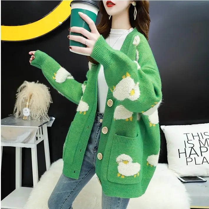 Cardigan Femme Loose – Tricot Cartoon avec Poches Mouton, Style Colorblock Automne Hiver.