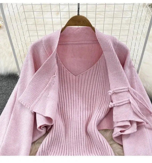 Ensemble Femme 2 Pièces – Cardigan Tricoté à Lacets & Robe Camisole, Style Chinois Moderne Élégant |.