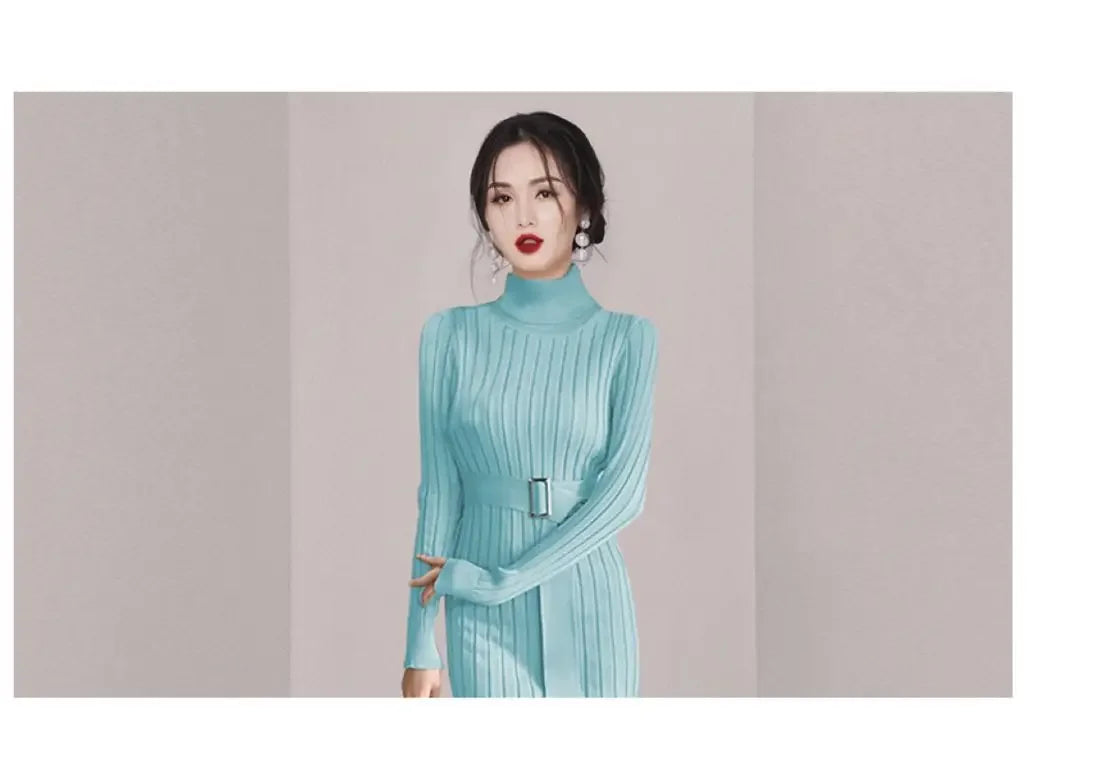 Robe Pull Longue Femme – Tricot Élastique Ajusté Style Coréen Élégant Automne Hiver.