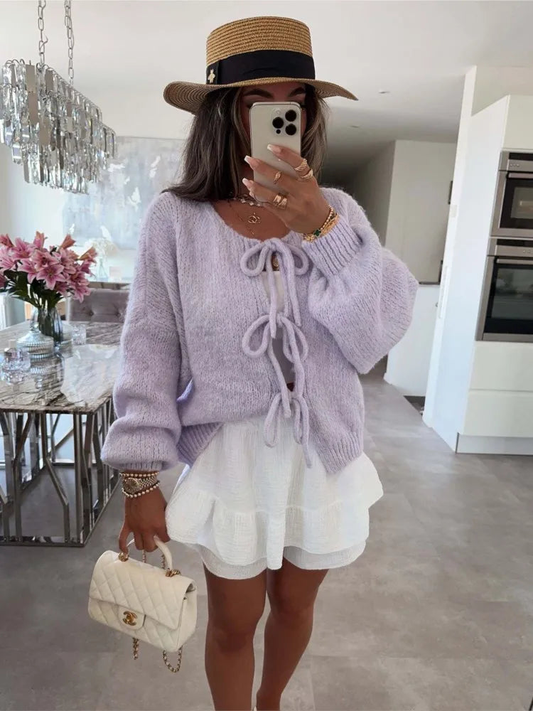 Cardigan Femme Élégant – Tricot Uni avec Lacet, Col Rond, Style Simple Chic |.