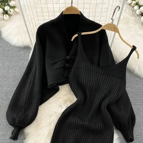 Ensemble Femme 2 Pièces – Cardigan Tricoté à Lacets & Robe Camisole, Style Chinois Moderne Élégant |.