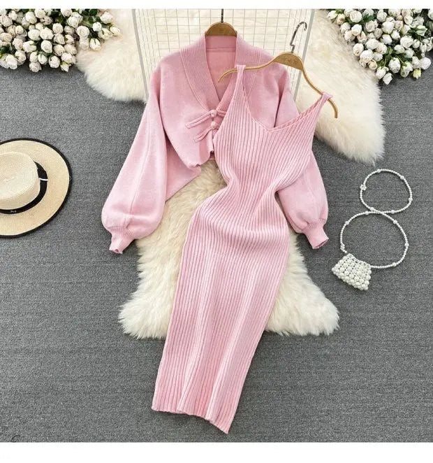 Ensemble Femme 2 Pièces – Cardigan Tricoté à Lacets & Robe Camisole, Style Chinois Moderne Élégant |.