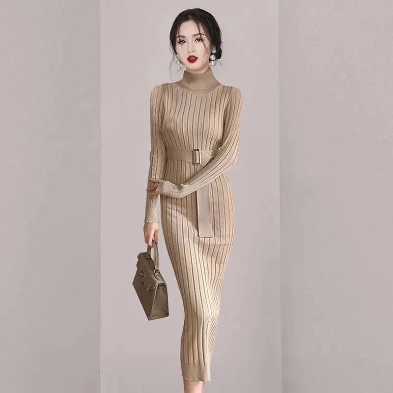 Robe Pull Longue Femme – Tricot Élastique Ajusté Style Coréen Élégant Automne Hiver