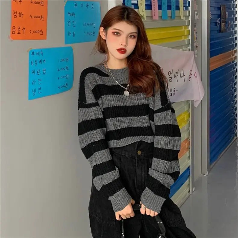 Pull Court Femme Rayé – Tricot Loose O-neck Streetwear Automne Hiver.