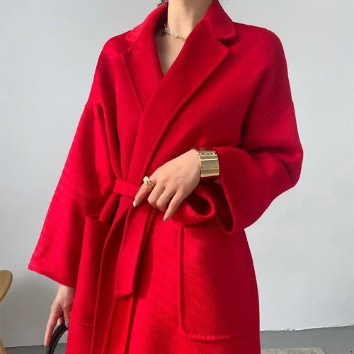 Manteau Court Femme Automne Hiver – Cachemire Double Face, Col Revers & Ceinture, Style Luxe Chic.