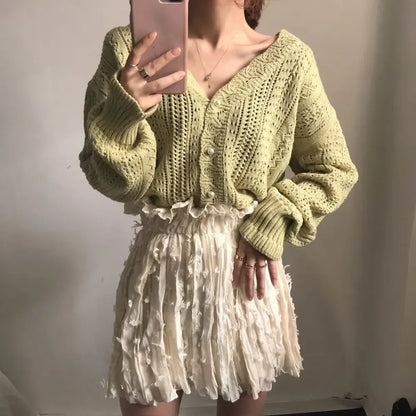 Cardigan Femme Blanc Sexy – Tricot Loose Col V Profond à Manches Longues, Maille Ajurée Été.