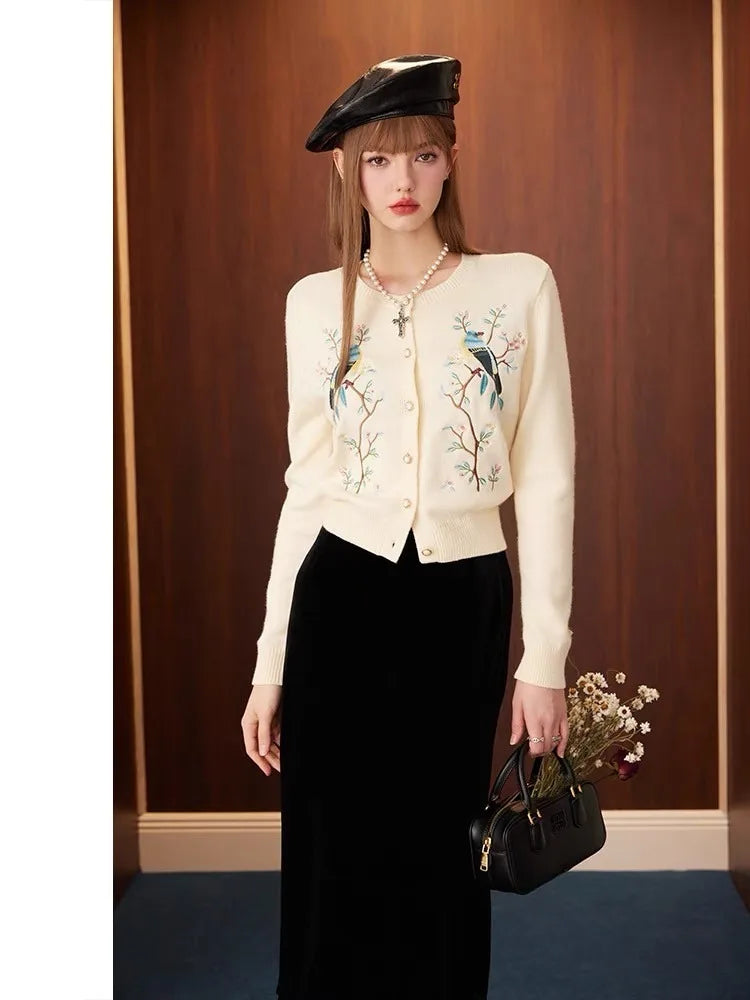 Cardigan Femme Brodé Fleurs & Oiseaux – Tricot Vintage Col Rond Manches Longues Printempps Automn.