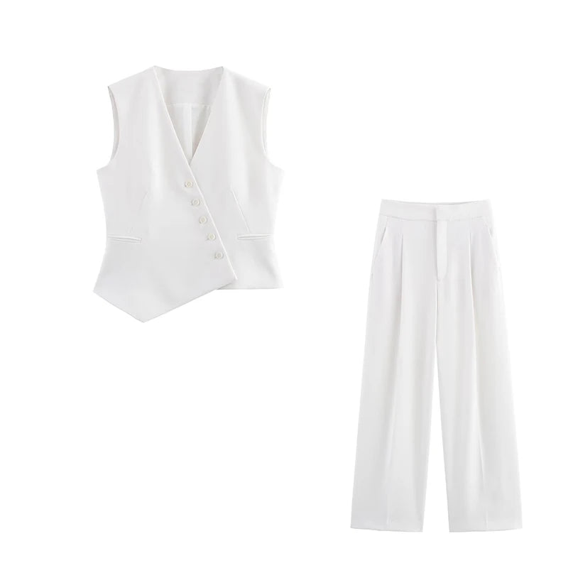 Ensemble femme sans manches col V asymétrique – pantalon large taille haute