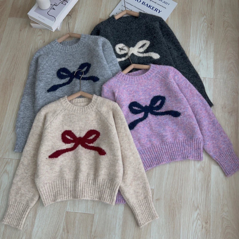 Pull Femme Gris avec Nœud – Col Rond Tricoté Doux Automne Hiver.