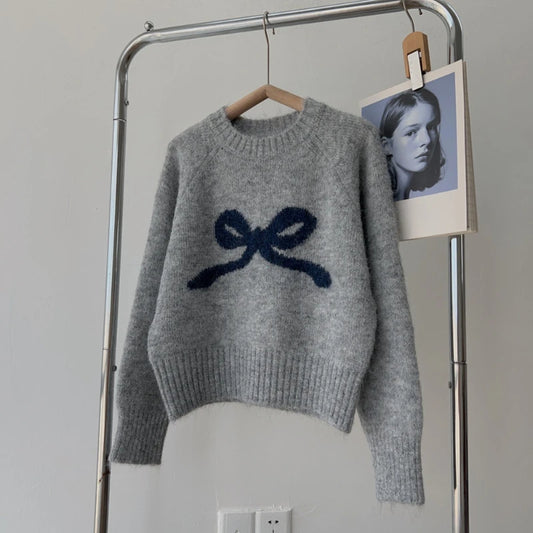 Pull Femme Gris avec Nœud – Col Rond Tricoté Doux Automne Hiver.