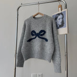 Pull Femme Gris avec Nœud – Col Rond Tricoté Doux Automne Hiver.