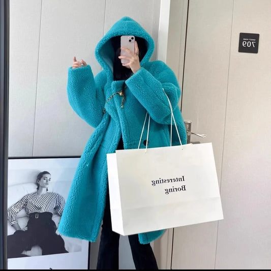 Manteau Femme Hiver 2024 – Veste Cocoon à Capuche en Laine d’Agneau Épaisse, Parka Chaude Shearling.