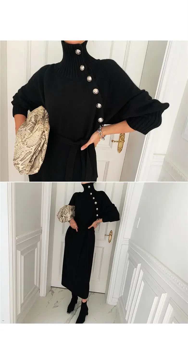 Robe Pull Longue Femme – Tricot Élégant Col Haut avec Boutons Style Vintage Automne Hiver.