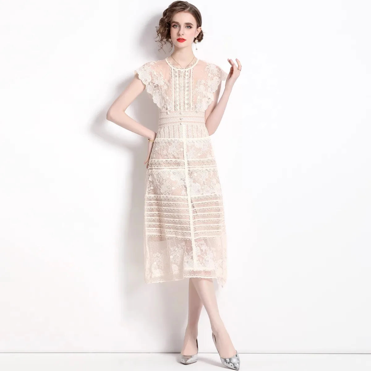 Robe midi femme à fleurs brodées – manches courtes, style vintage élégant