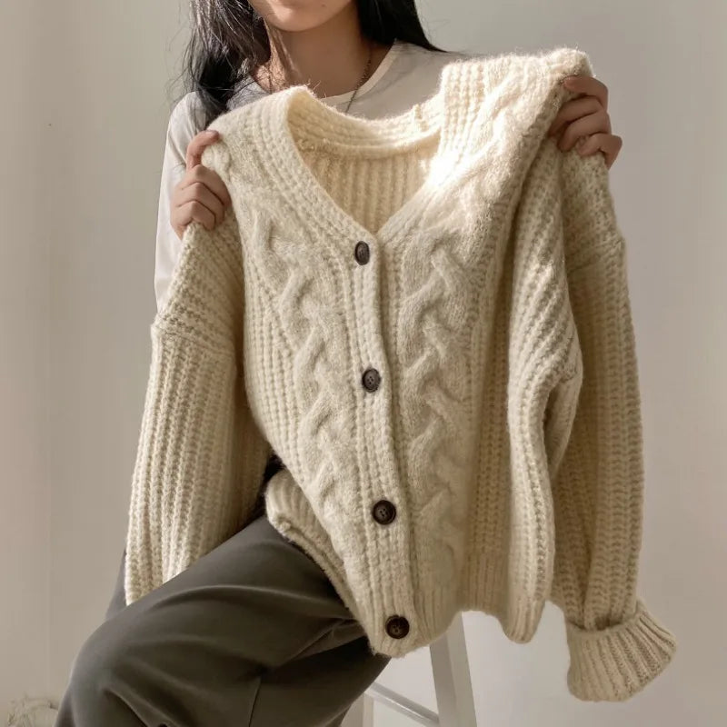 Cardigan Femme Torsadé Style Rétro Français – Tricot Loose Col V Décontracté Printemps.