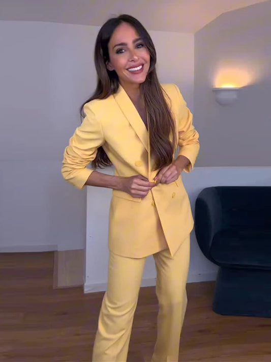 Tailleur Femme 2 Pièces – Blazer à Col Revers & Pantalon Large, Ensemble Bureau Chic 2025 | F-laglam.