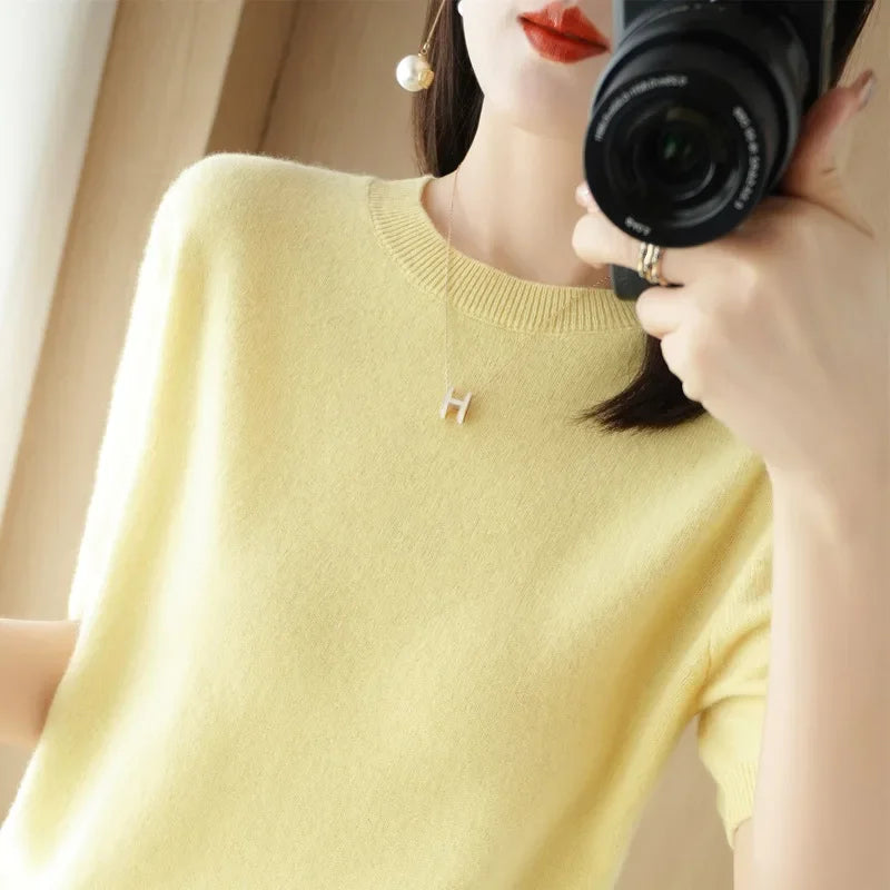 Pull Femme Slim à Manches Courtes – Tricot Col Rond Léger Printemps Été 2025 |