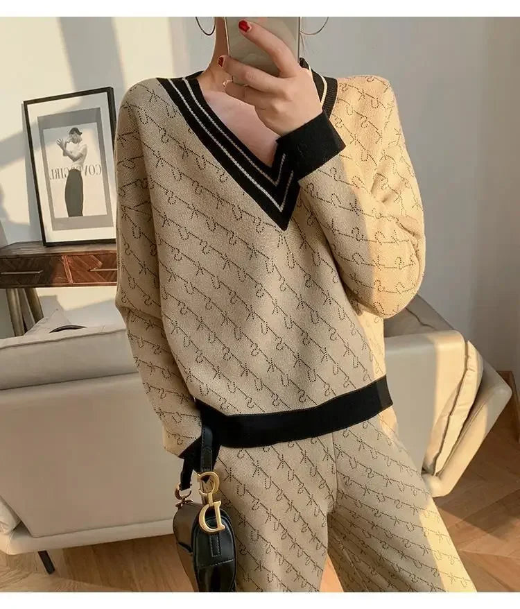 Ensemble Femme 2 Pièces – Pull Élégant & Pantalon Patte d’Éléphant Loose-Fit, Outfit Tendance Printemps Automne 2024 | F-laglam.