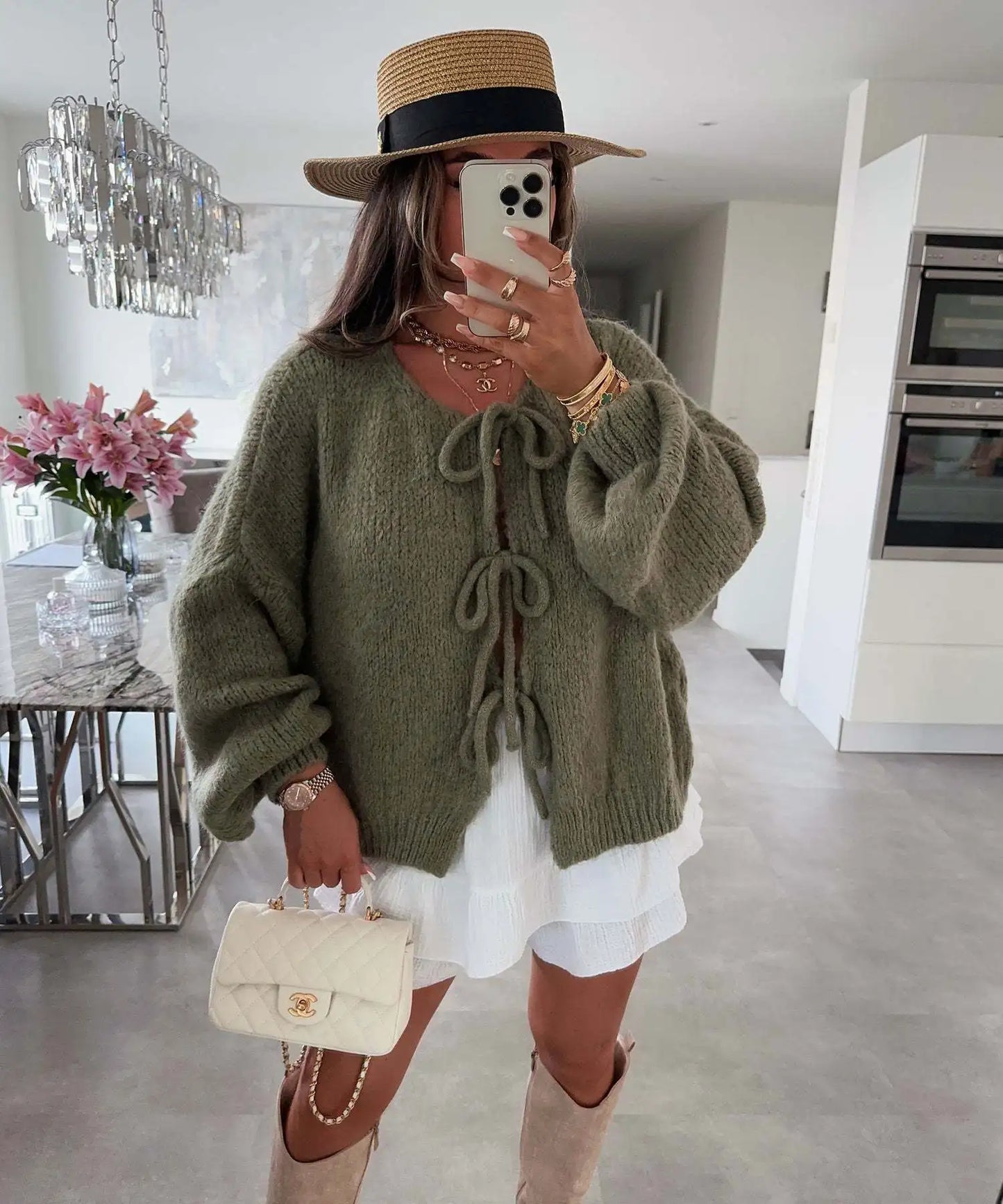 Cardigan Femme Élégant – Tricot Uni avec Lacet, Col Rond, Style Simple Chic |
